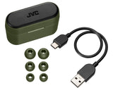 JVC, HA-A9T-GE, žalios sp. dinaminės ausinės - įkrovimo dėklas, ausų antgaliai ir USB-C laidas
