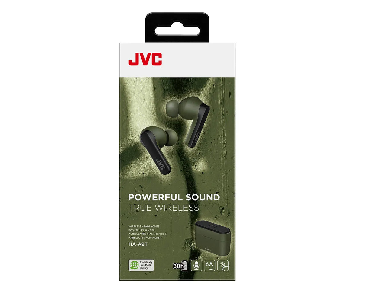 JVC, HA-A9T-GE, žalios sp. dinaminės ausinės - detalus ausinių ir dėklo vaizdas