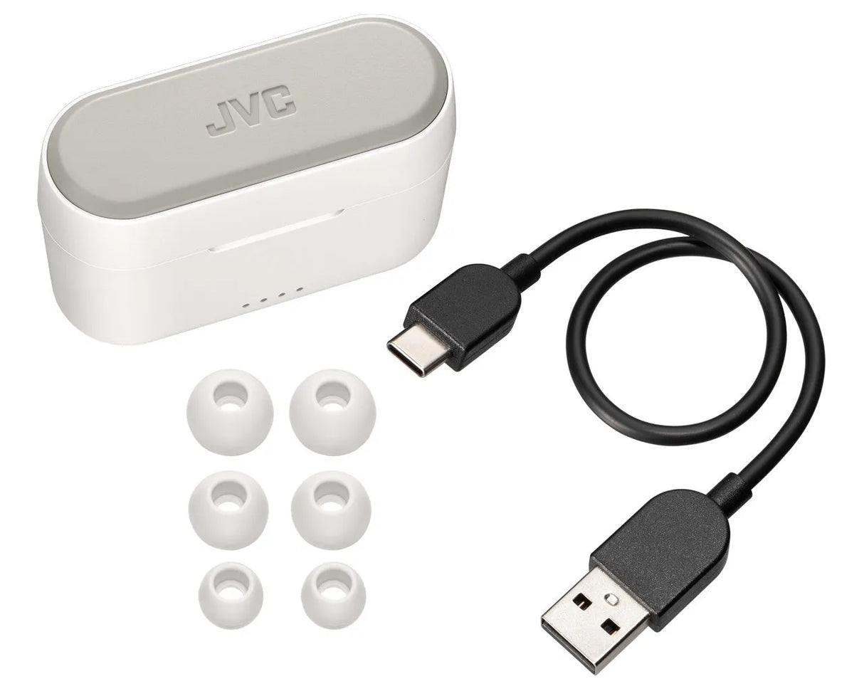 JVC, HA-A9T-WE, baltos sp. dinaminės ausinės - pakrovimo dėklas, ausinės, įkrovimo laidas, antgaliai
