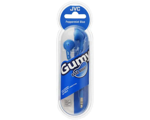 JVC, HA-F160AEP, mėlynos sp. dinaminės ausinės - pakuotė su ausinėmis ir logotipu