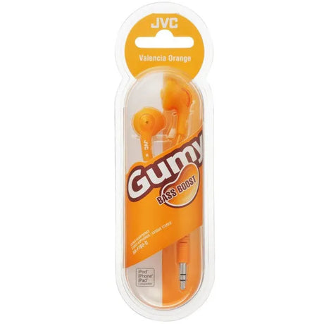 JVC, HA-F160DEP, oranžinės sp. dinaminės ausinės - pakuotė su ausinėmis ir logotipu