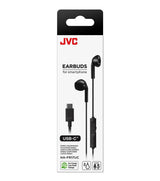 JVC, HA-FR17UC-BU, juodos sp. dinaminės ausinės - USB-C jungtis ir valdymo mygtukai iš arti
