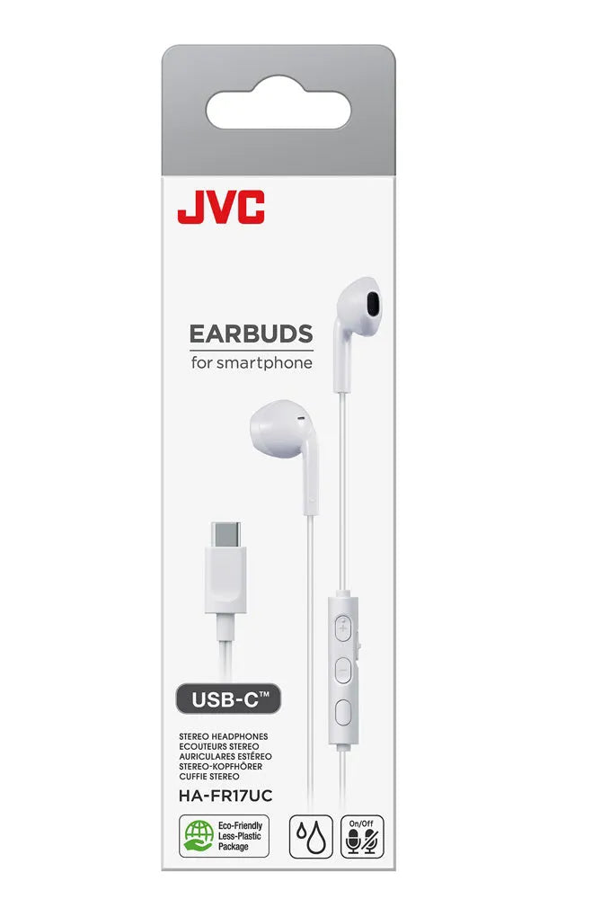 JVC, HA-FR17UC-WU, baltos sp. dinaminės ausinės - USB-C jungtis ir valdymo mygtukai iš arti