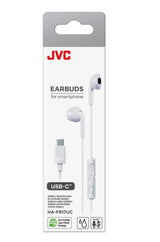 JVC, HA-FR17UC-WU, baltos sp. dinaminės ausinės - USB-C jungtis ir valdymo mygtukai iš arti