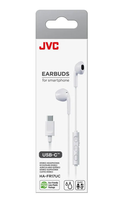 JVC, HA-FR17UC-WU, baltos sp. dinaminės ausinės - USB-C jungtis ir valdymo mygtukai iš arti