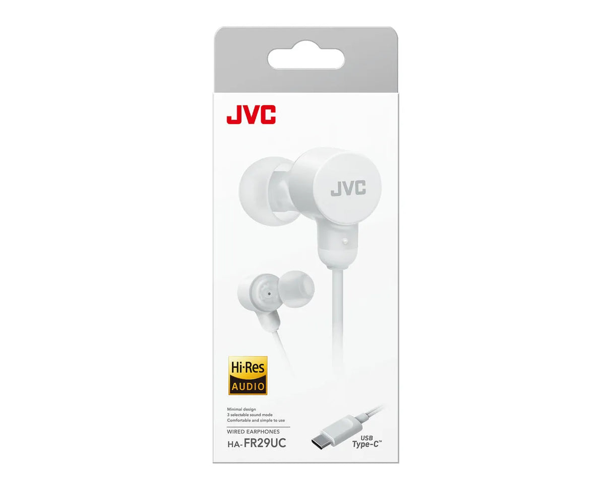 JVC, HA-FR29UC-WU, baltos sp. dinaminės ausinės - USB Type-C jungtis ir Hi-Res Audio logotipas