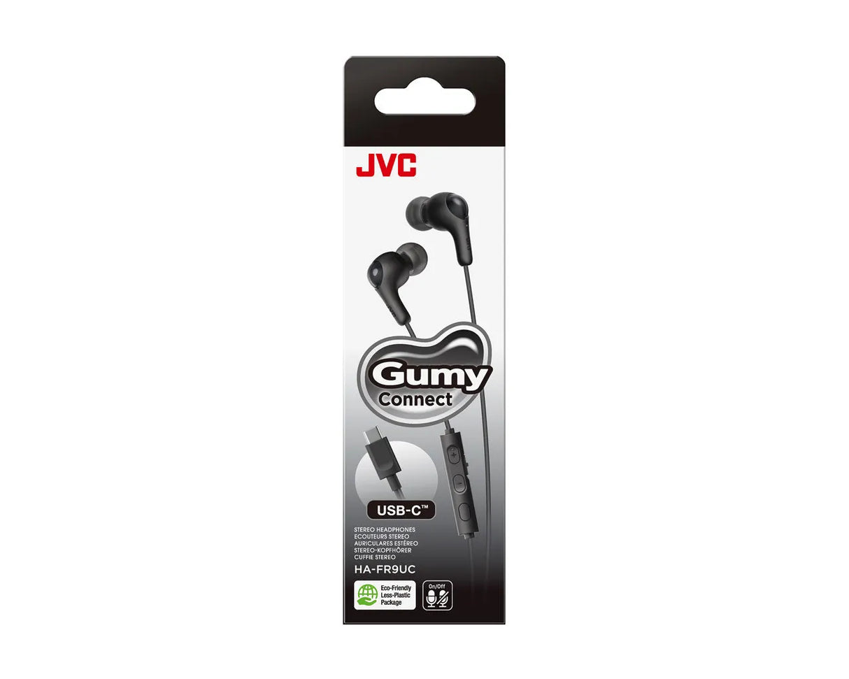 JVC, HA-FR9UC-BU, juodos sp. dinaminės ausinės - USB-C jungtis ir valdymo mygtukai iš arti