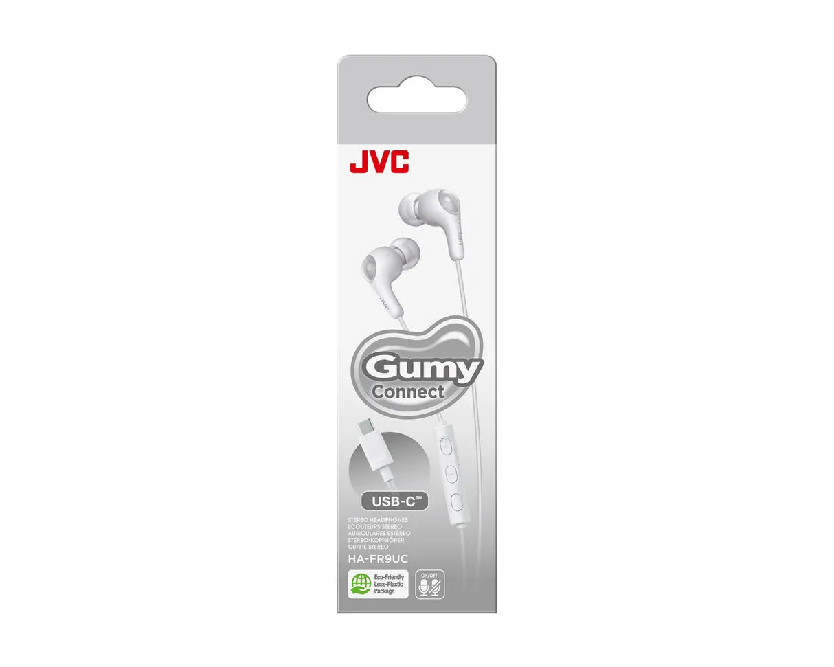 JVC, HA-FR9UC-WU, baltos sp. dinaminės ausinės - USB-C jungtis ir valdymo mygtukai iš arti