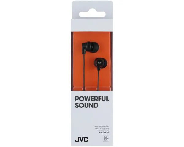 JVC, HA-FX10BEF, juodos sp. dinaminės ausinės - pakuotė su ausinėmis ir užrašu POWERFUL SOUND