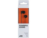 JVC, HA-FX10BEF, juodos sp. dinaminės ausinės - pakuotė su ausinėmis ir užrašu POWERFUL SOUND