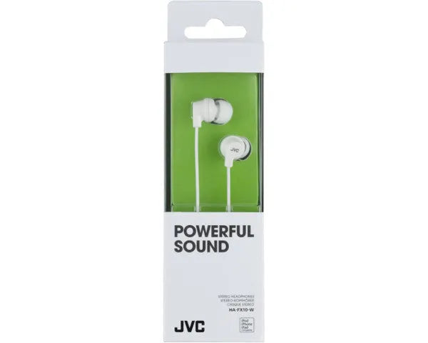 JVC, HA-FX10WEF, baltos sp. dinaminės ausinės - baltos ausinės pakuotėje su užrašu