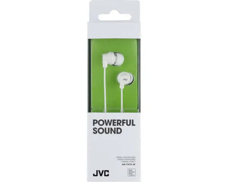 JVC, HA-FX10WEF, baltos sp. dinaminės ausinės - baltos ausinės pakuotėje su užrašu