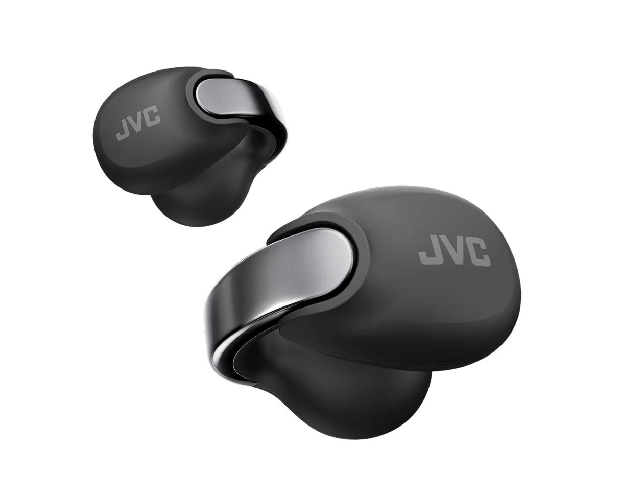 JVC, HA-NP1T-BU juodos sp. dinaminės ausinės - Šoninis vaizdas su JVC logotipu