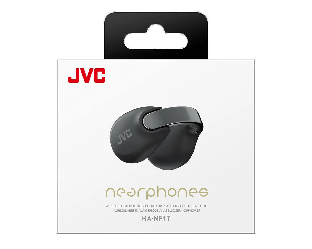 JVC, HA-NP1T-BU juodos sp. dinaminės ausinės - detalus ausinių vaizdas ant pakuotės