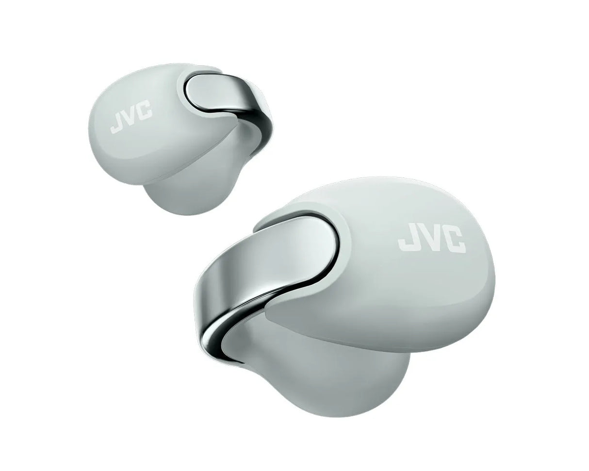 JVC, HA-NP1T-HU pilkos sp. dinaminės ausinės - Šoninis vaizdas su JVC logotipu