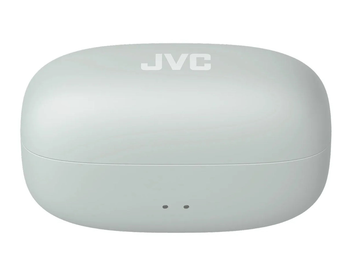 JVC, HA-NP1T-HU pilkos sp. dinaminės ausinės - priekinė dalis su indikatoriais ir logotipu