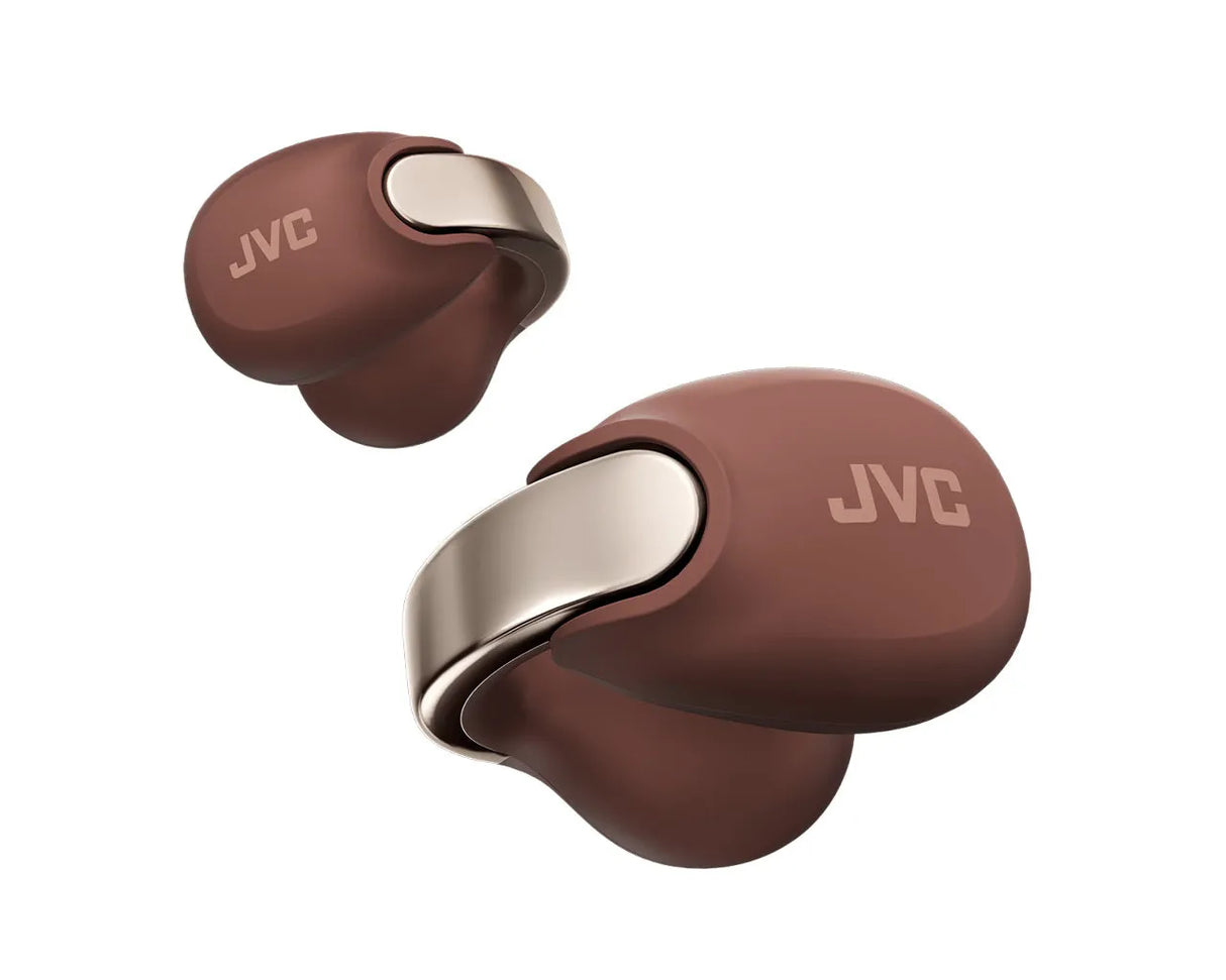 JVC, HA-NP1T-TU rudosos sp. dinaminės ausinės - Ausinių šoninis vaizdas su JVC logotipu