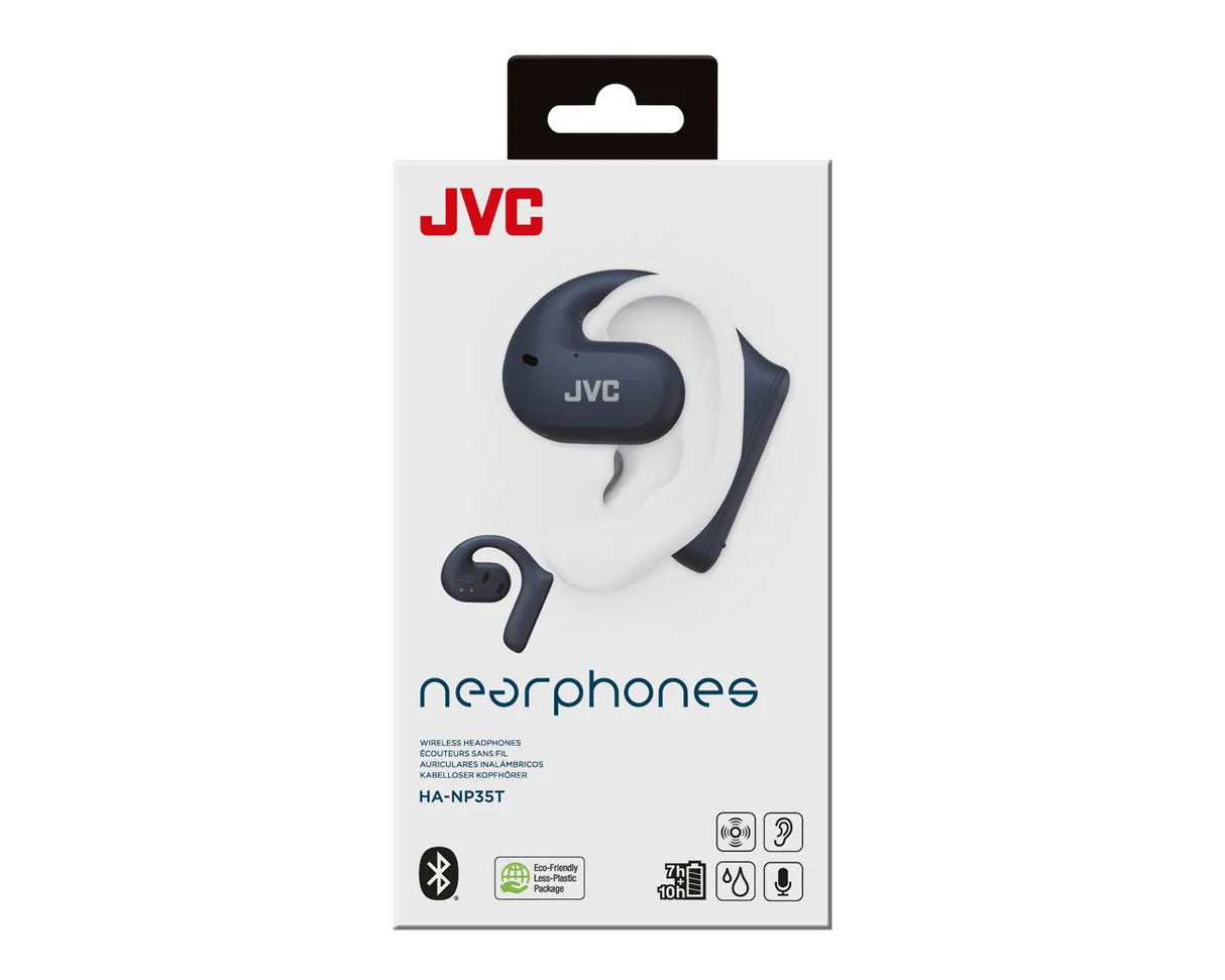 JVC, HA-NP35T-AU, mėlynos sp. dinaminės ausinės - pakuotė su ausinėmis ir simboliais