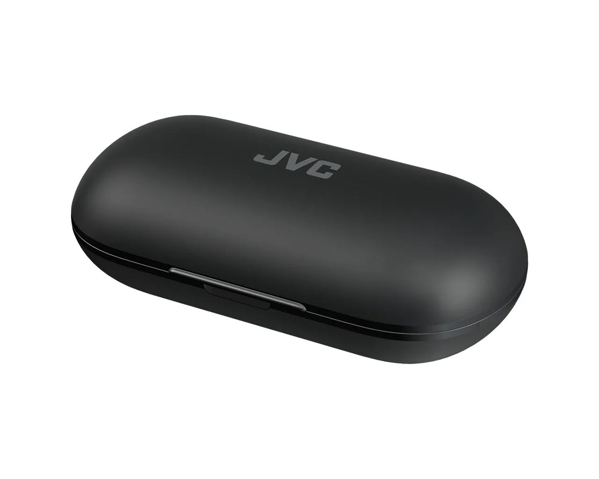 JVC, HA-NP35T-BU, juodos sp. dinaminės ausinės - Šoninis vaizdas su JVC logotipu