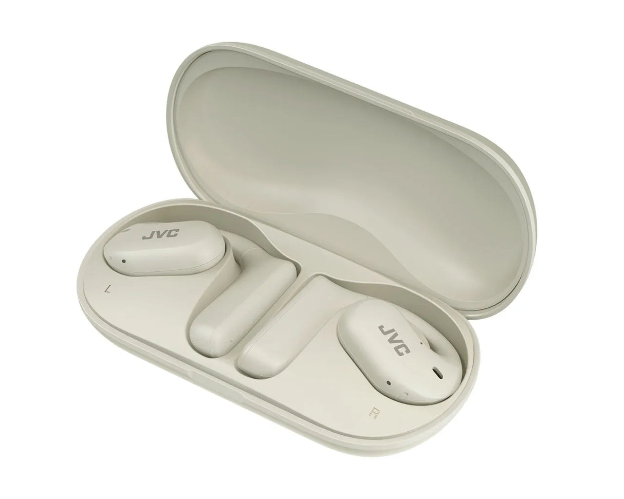 JVC, HA-NP35T-WU, baltos sp. dinaminės ausinės - atidarytas dėklas su ausinėmis viduje