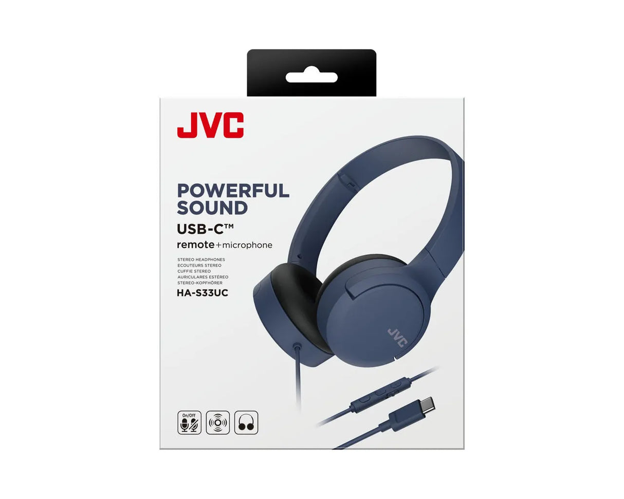 JVC, HA-S33UC-AU, mėlynos sp. dinaminės ausinės, mikrofonas - Pakuotės etiketė su ausinių simboliais