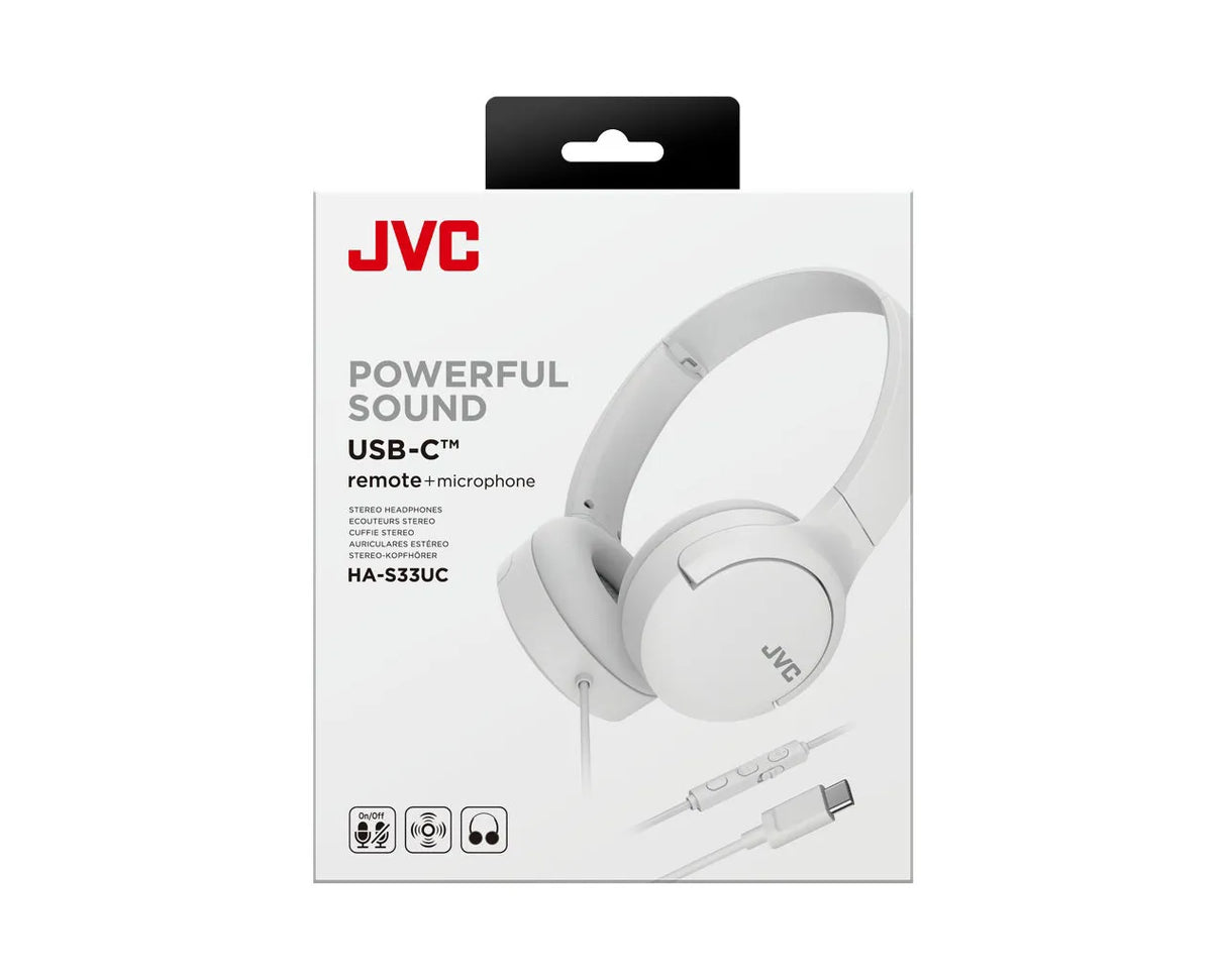 JVC, HA-S33UC-WU, baltos sp. dinaminės ausinės, mikrofonas - USB-C jungtis ir valdymo mygtukai iš arti