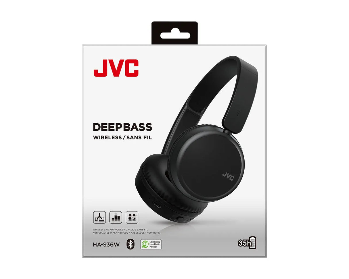 JVC, HA-S36W-BU, juodos sp. dinaminės ausinės, mikrofonas - šoninis ausinių vaizdas su pakuote
