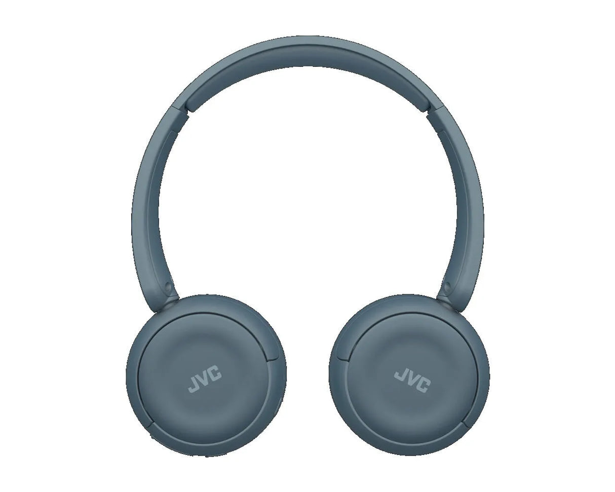 JVC, HA-S59W-AU, retro mėlynos sp. dinaminės ausinės, mikrofonas - Šoninis vaizdas su ausinių logotipu