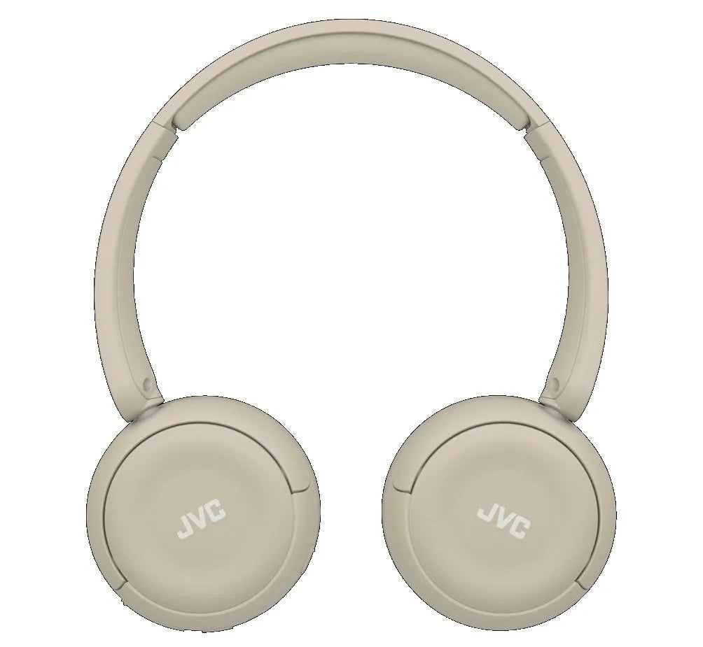JVC, HA-S59W-CU, matinės smėlio sp. dinaminės ausinės, mikrofonas - viršutinis ausinių vaizdas su JVC logotipu