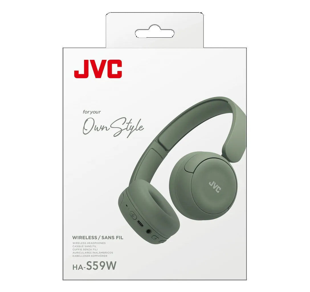 JVC, HA-S59W-GU, chaki žalios sp. dinaminės ausinės, mikrofonas - Šoninis ausinių vaizdas su mygtukais