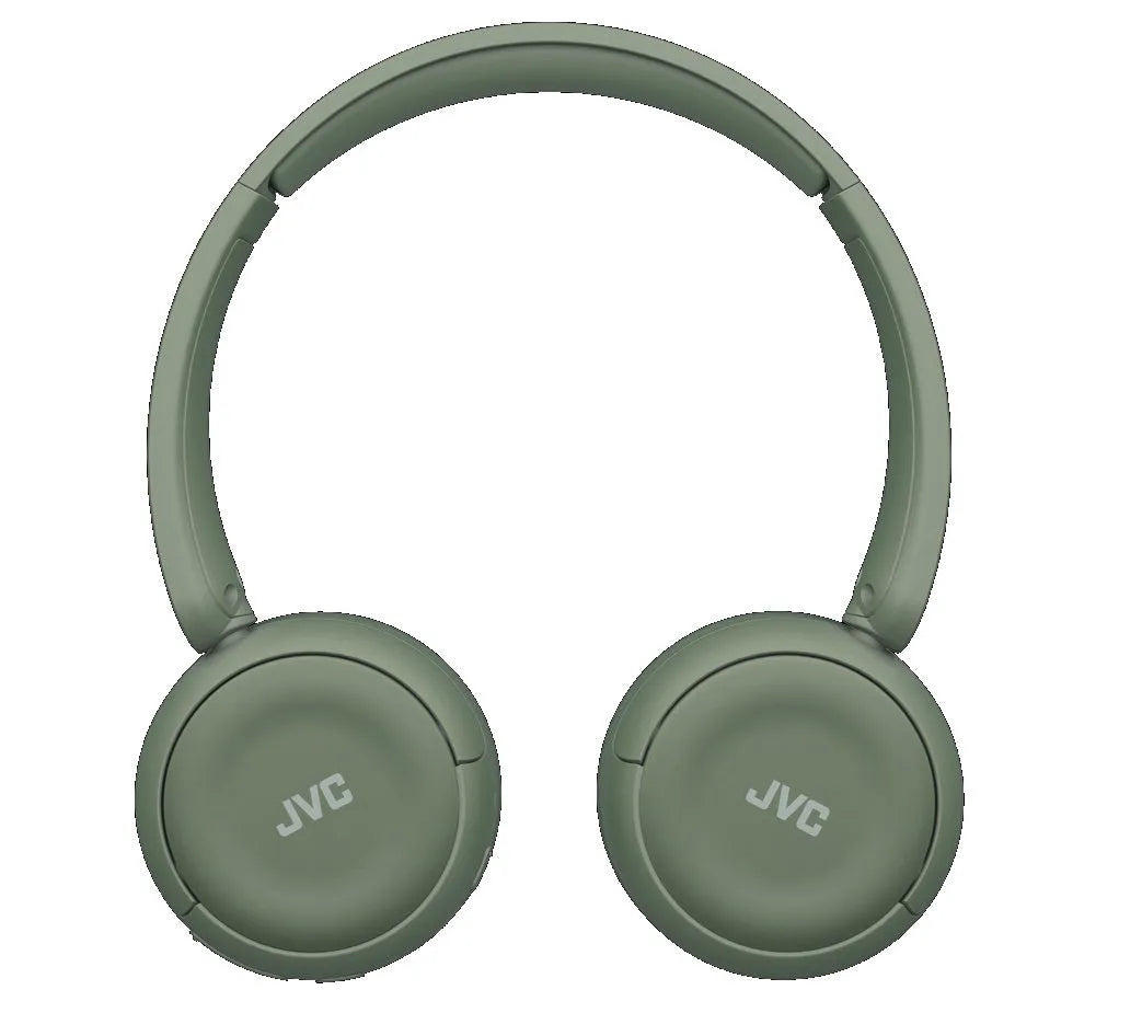 JVC, HA-S59W-GU, chaki žalios sp. dinaminės ausinės, mikrofonas - Šoninis ausinių vaizdas su logotipu