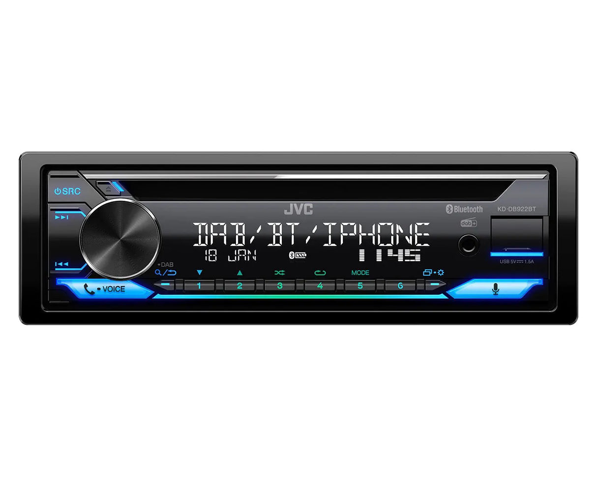 JVC, KD-DB922BT CD/USB MP3/WMA automagnetola su AUX įėjimu - priekinė panelė su mygtukais ir ekranu