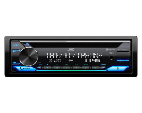 JVC, KD-DB922BT CD/USB MP3/WMA automagnetola su AUX įėjimu - priekinė panelė su mygtukais ir ekranu