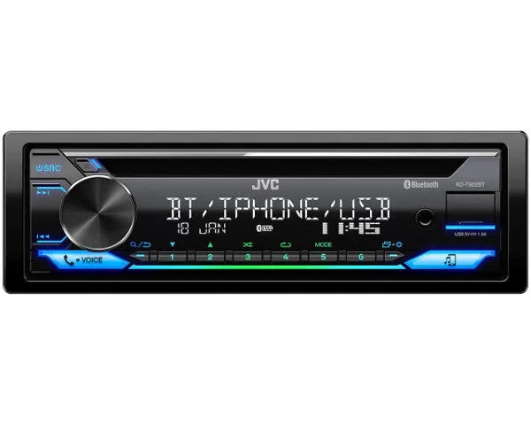 JVC, KD-T922BT 1-DIN USB/CD MP3 magnetola su AUX ir Bluetooth - apšviesti valdymo mygtukai ir ekranas