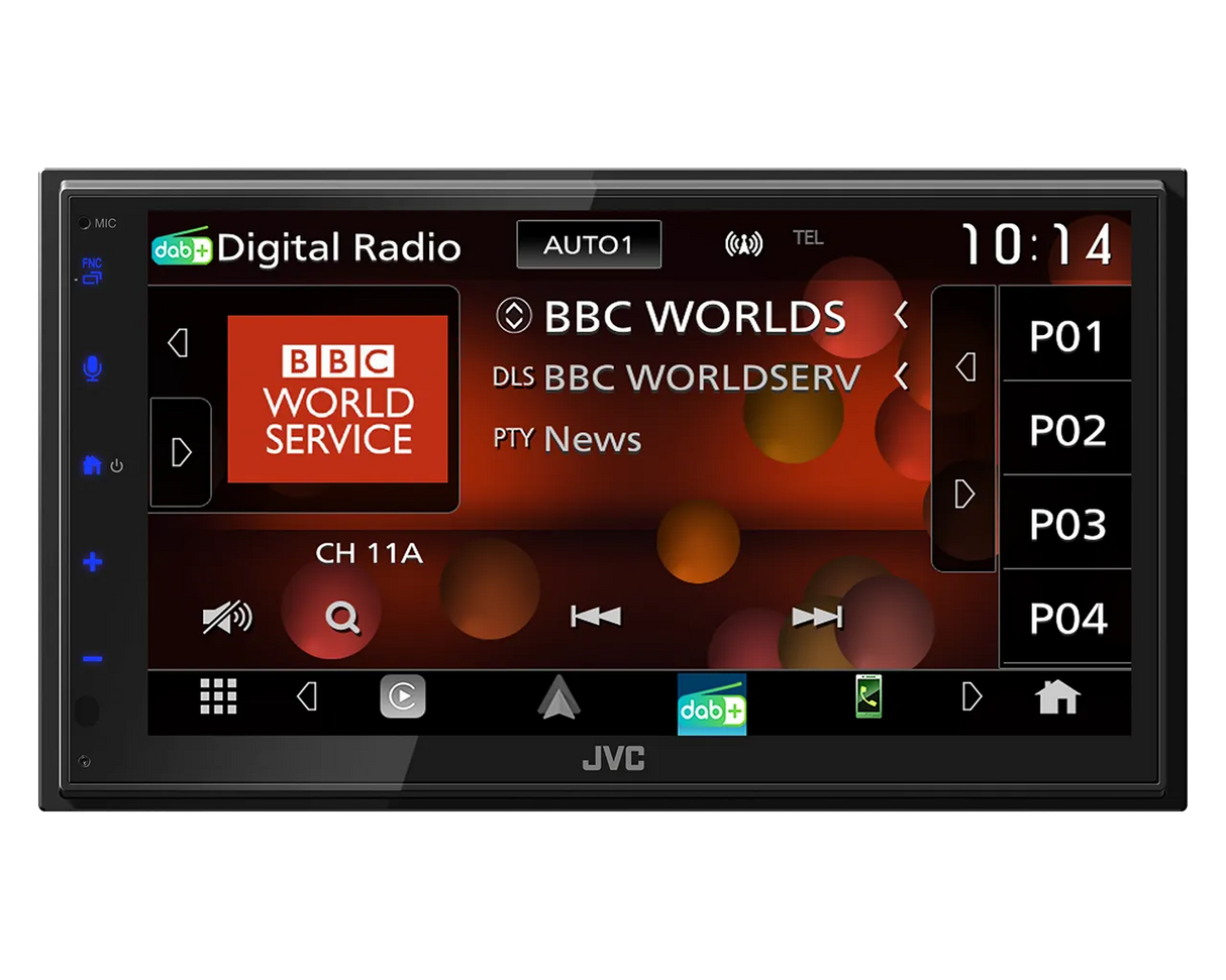JVC KW-M695DBW, 6.8" multimedija su belaidžiu Apple CarPlay ir Android Auto - ekranas su radijo stotimi ir valdikliais
