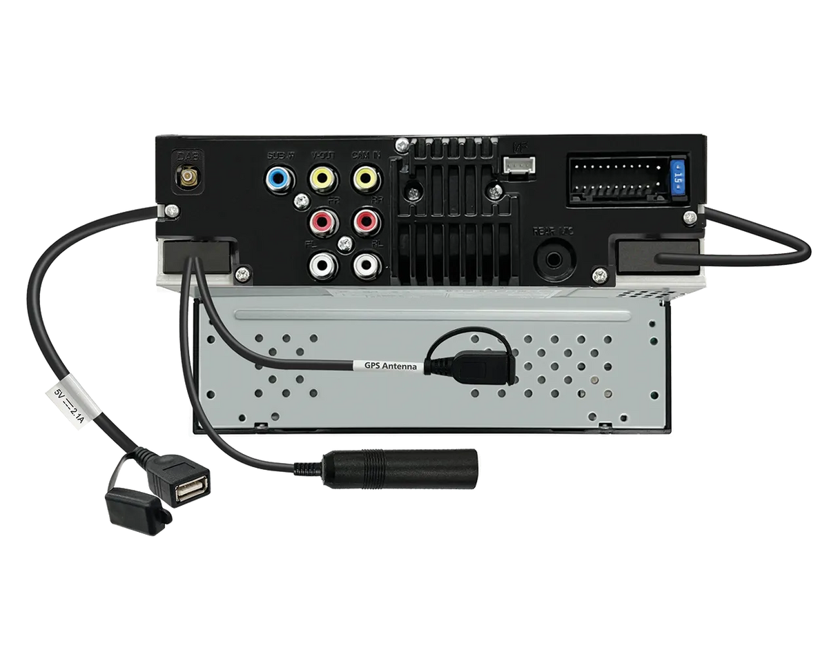 JVC KW-M695DBW, 6.8" multimedija su belaidžiu Apple CarPlay ir Android Auto - galinė panelė su jungtimis ir laidais
