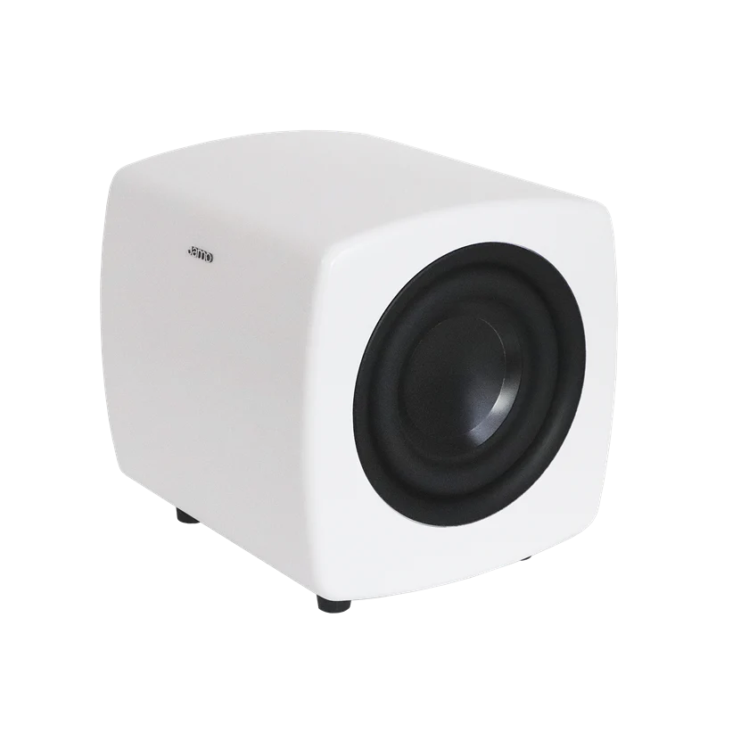 Jamo Cube Subwoofer, aktyvi žemų dažnių kolonėlė - Šoninis kampas su garsiakalbiu ir logotipu