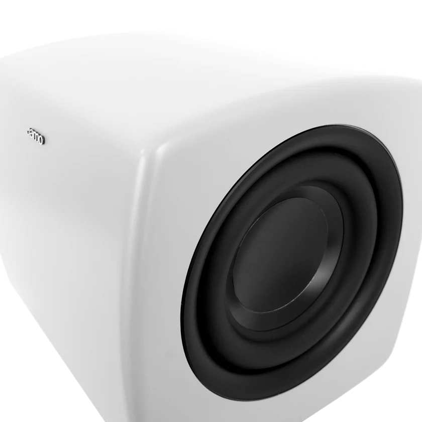 Jamo Cube Subwoofer, aktyvi žemų dažnių kolonėlė - balta kolonėlė su juodu garsiakalbiu