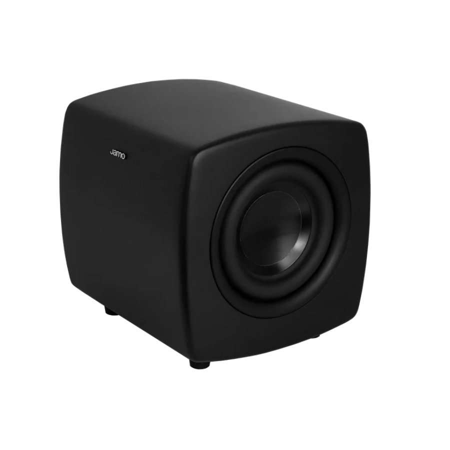 Jamo Cube Subwoofer, aktyvi žemų dažnių kolonėlė - Šoninis kampas su logotipu ir garsiakalbiu