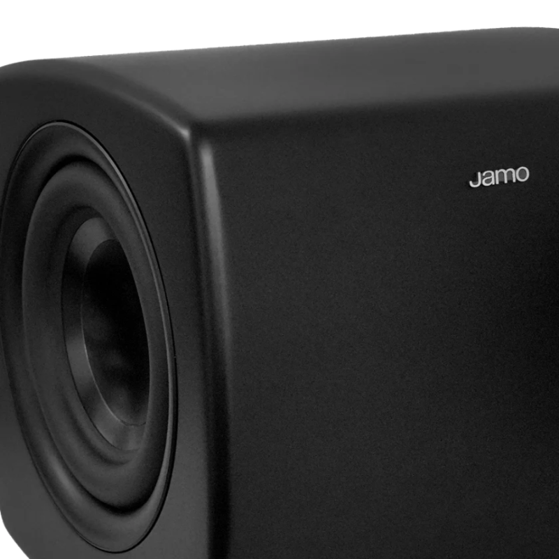 Jamo Cube Subwoofer, aktyvi žemų dažnių kolonėlė - Garsiakalbis ir logotipas iš arti