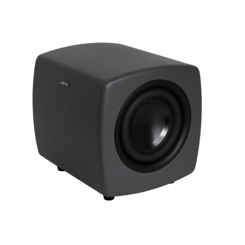 Jamo Cube Subwoofer, aktyvi žemų dažnių kolonėlė - Šoninis vaizdas su logotipu ir garsiakalbiu