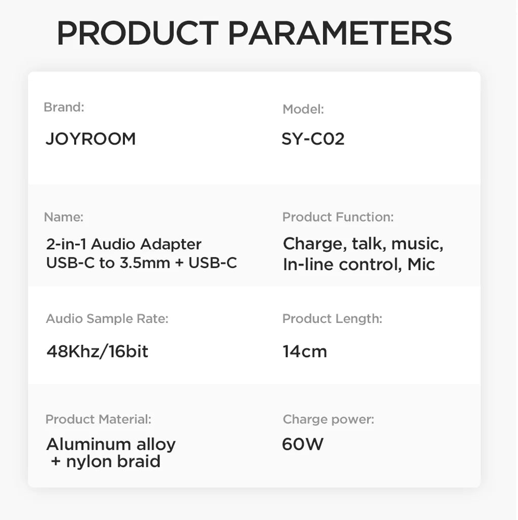 Joyroom Audio adapteris USB-C į 3.5 mm AUX + USB-C