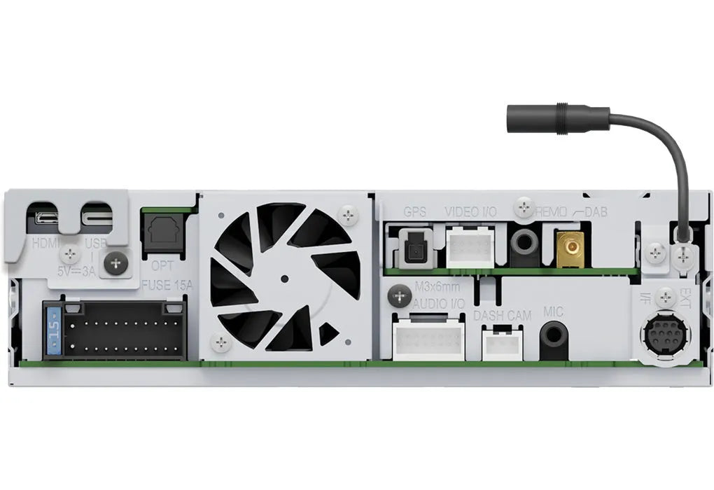 KENWOOD, DMX9724XDS 1-DIN AV grotuvas su 10.1" ekranu, Bluetooth - Galinė panelė su daugybe jungčių ir ventiliatoriumi