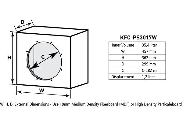 KENWOOD, KFC-PS3017W, 12" / 30 cm, 2000W žemų dažnių garsiakalbis - Matmenų lentelė ir brėžinys su matmenimis