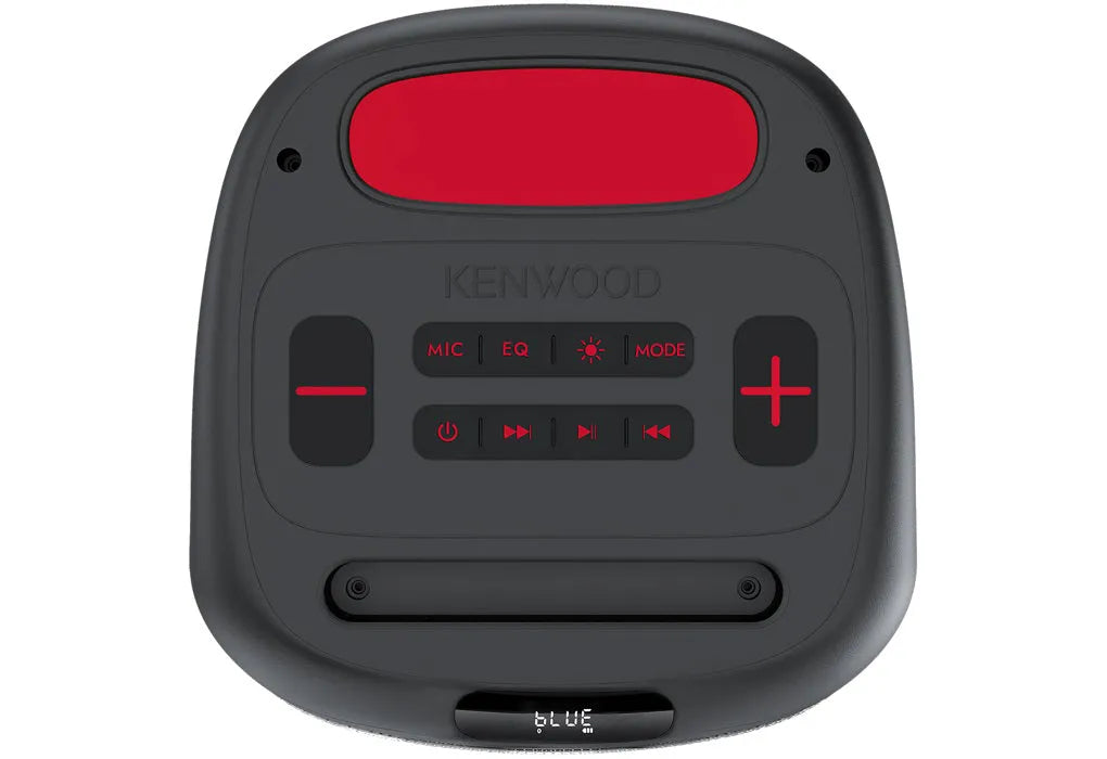 Kenwood AS-P200BT belaidė, nešiojama vakarėlio kolonėlė - valdymo mygtukai ir raudonas elementas viršuje