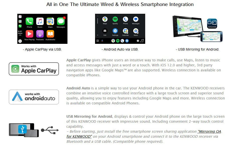 Kenwood, DMX-5020DABCAMPER 2-DIN multimedija, Bluetooth, USB, Kem - USB veidrodžio funkcija su Android ir Kenwood logotipais