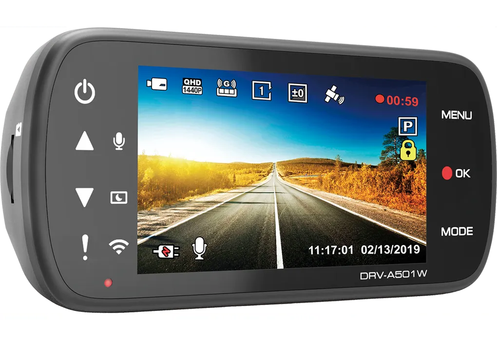 Kenwood DRV-A501W, vaizdo registratorius - šoniniai valdymo mygtukai ir ekrano piktogramos
