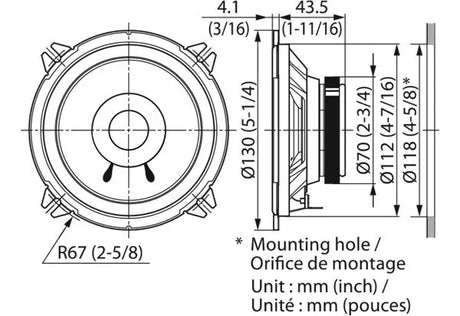 Kenwood, KFC-S1356, 13 cm /5.25" plačiajuosčiai koaksialiniai gars - matmenys ir montavimo schema
