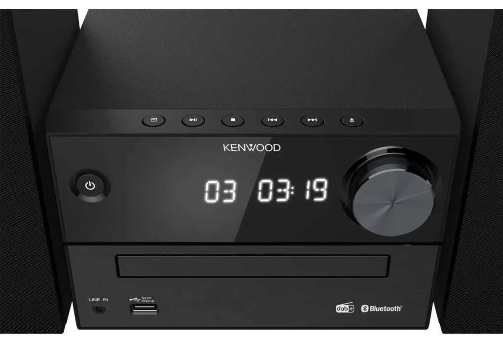 Kenwood, M-420DAB muzikinis centras - priekinė panelė su USB ir jungtimis
