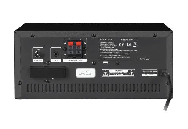 Kenwood, M-9000S-B muzikinis centras, juoda sp. - galinė panelė su jungtimis ir etiketėmis